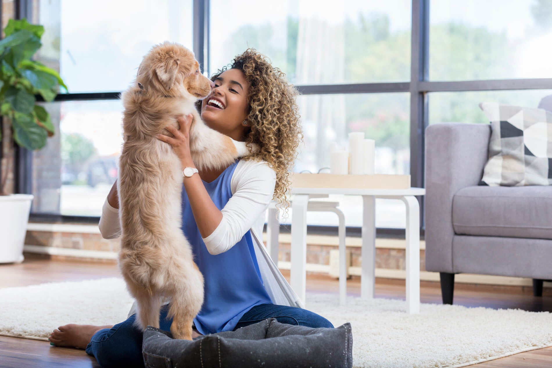 Woman sitting on the floor holding a puppy