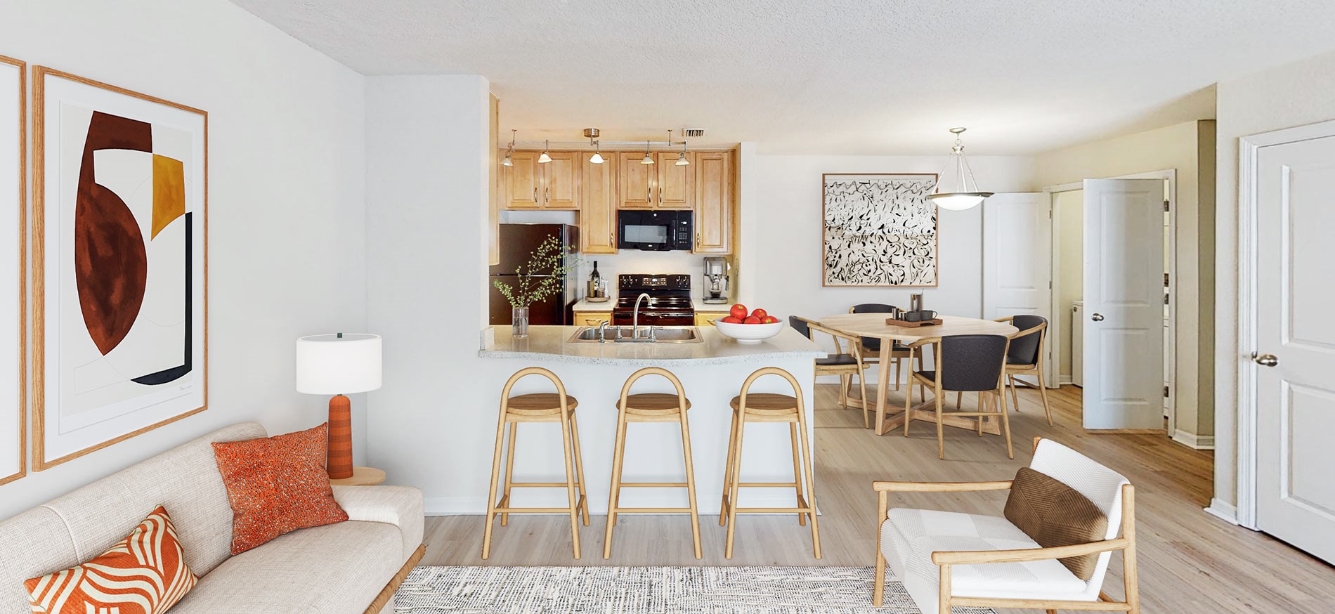 The Breyley staged living room and kitchen