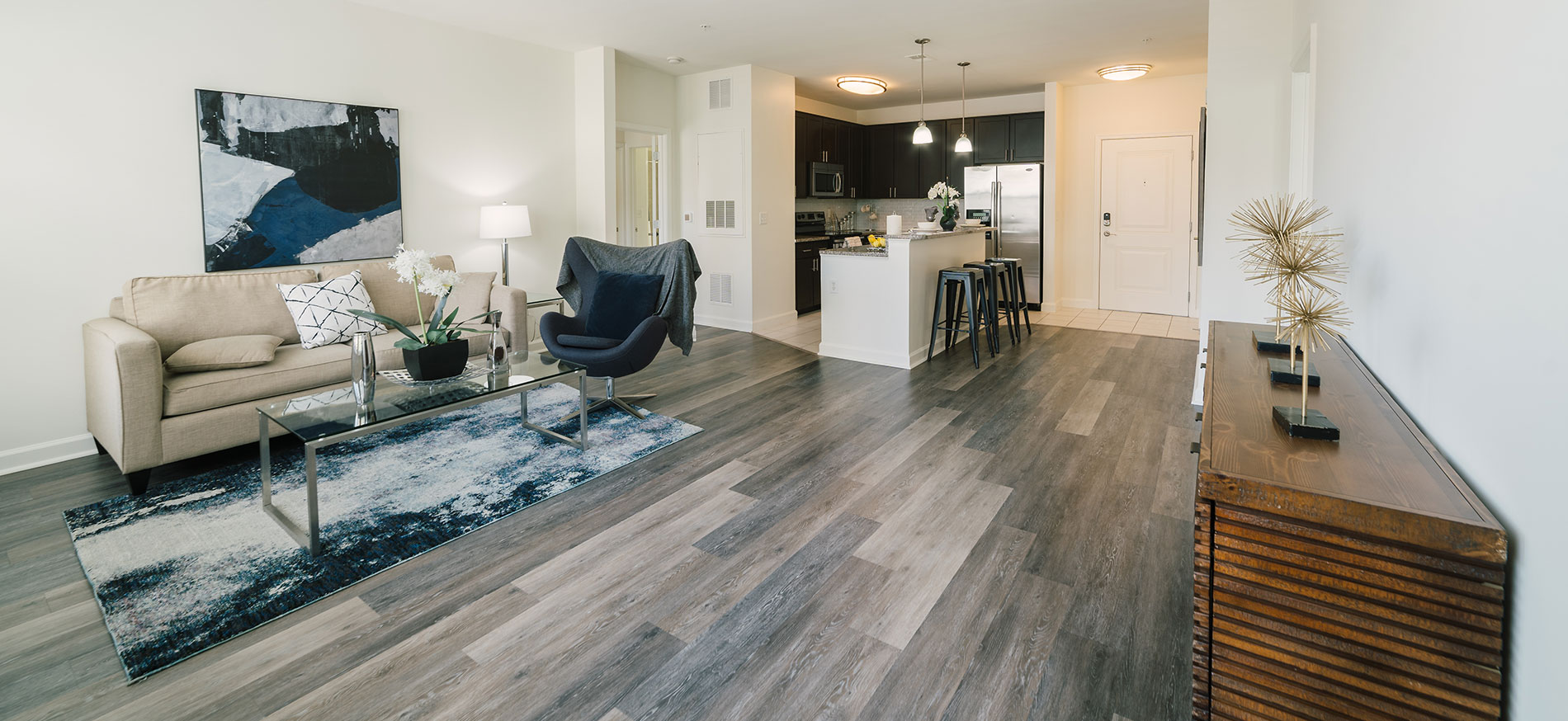 Courts at Huntington Station staged living room model unit