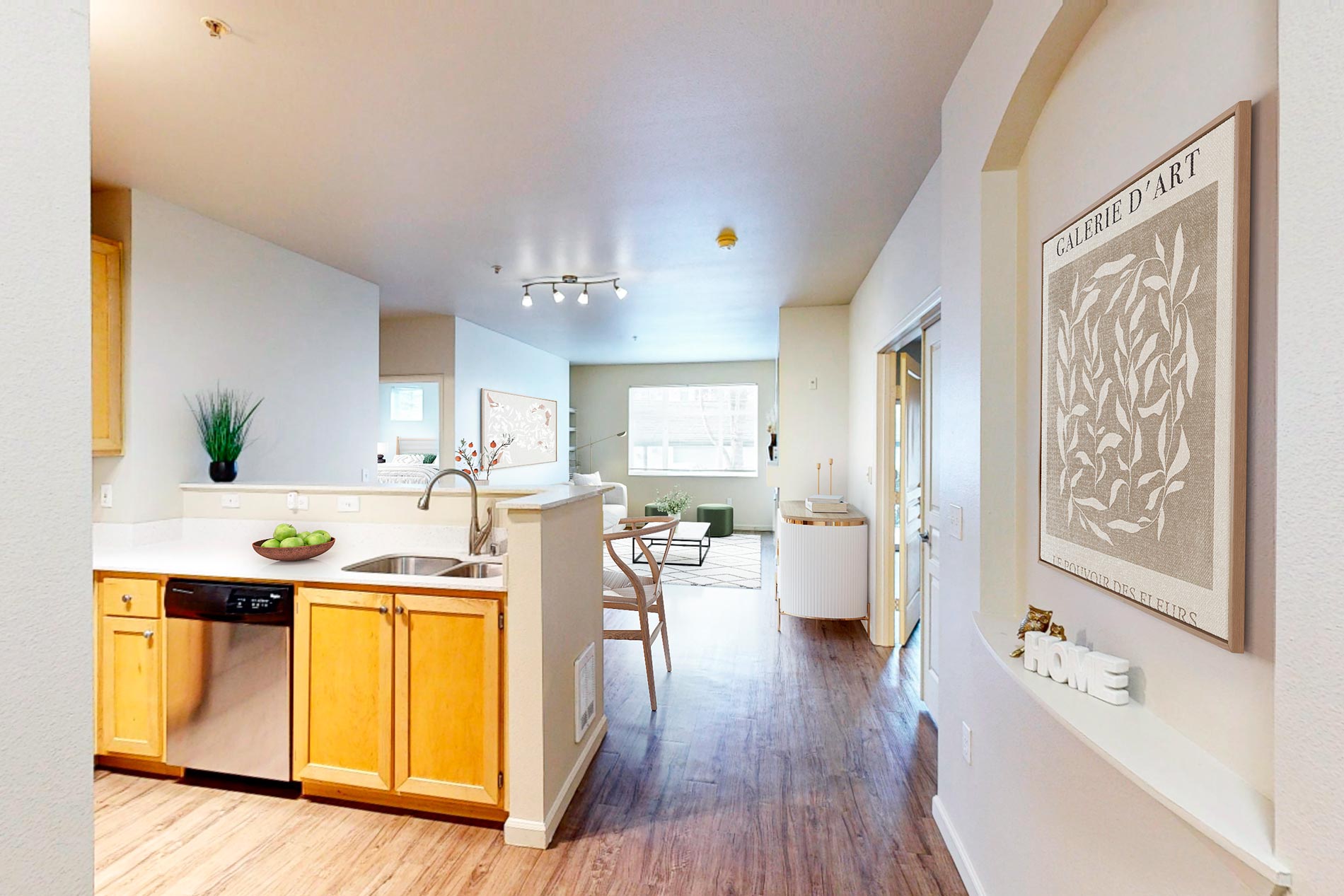 The Hawthorne staged kitchen and living room