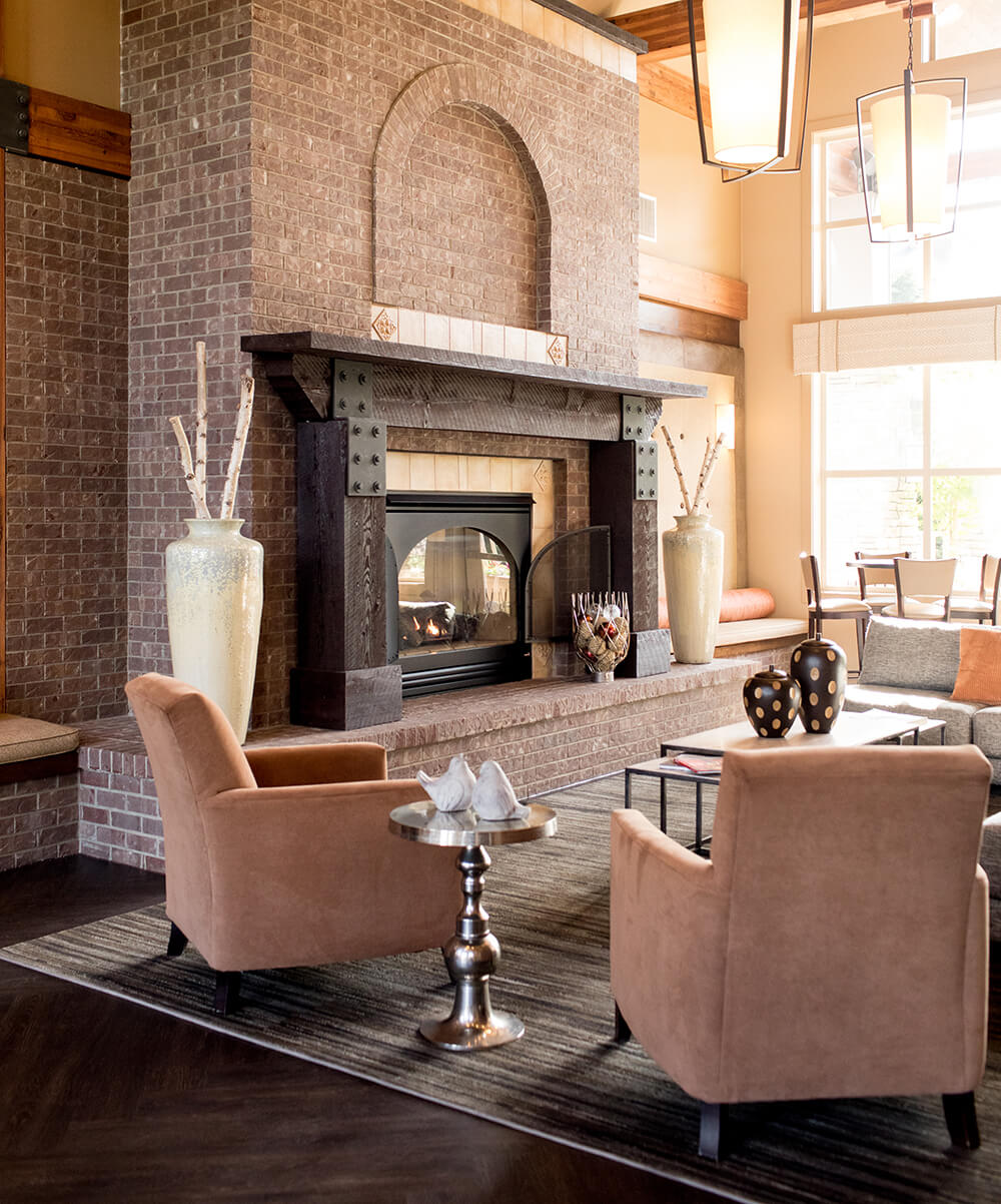 Lobby with seating and fireplace 