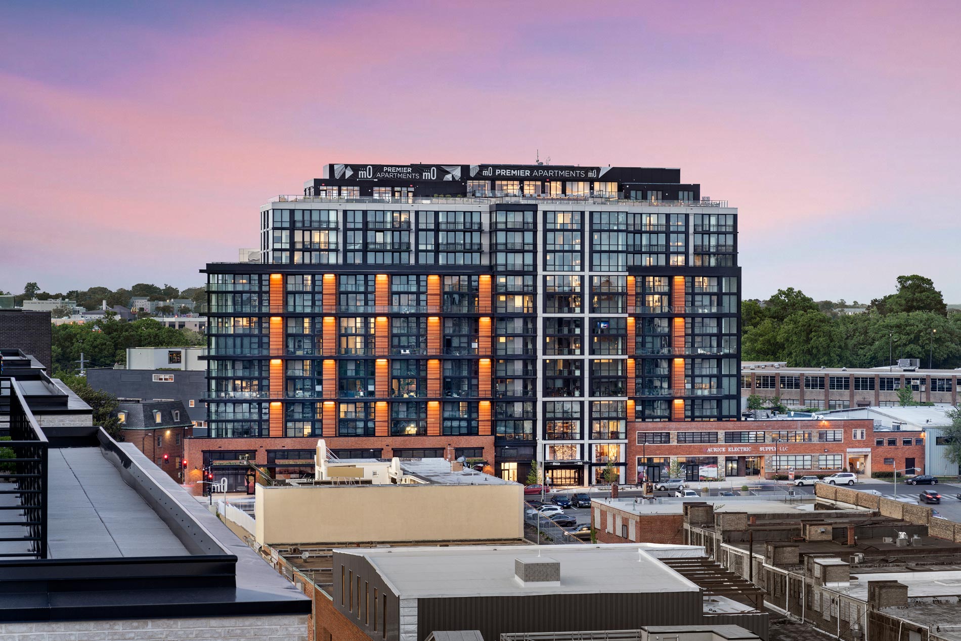 The MO building exterior at sunset