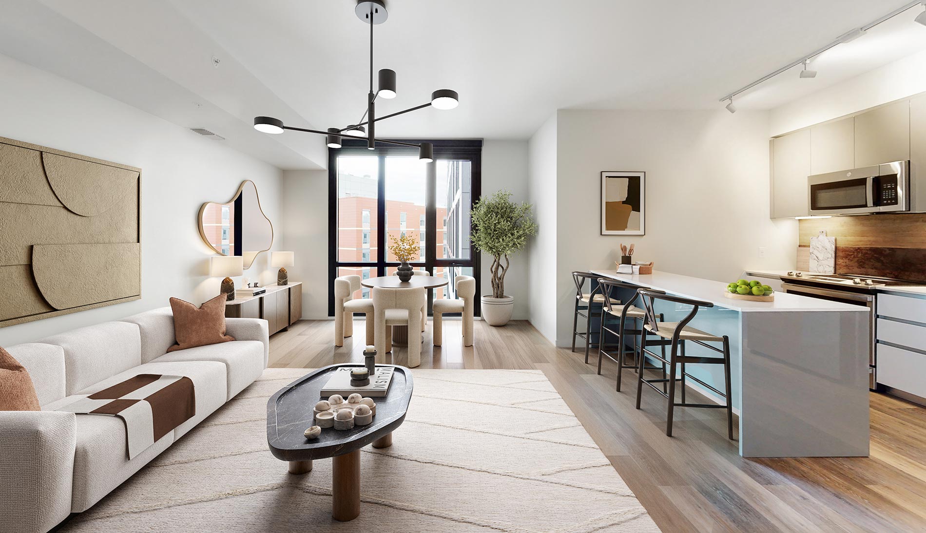 The Mo staged kitchen and living room
