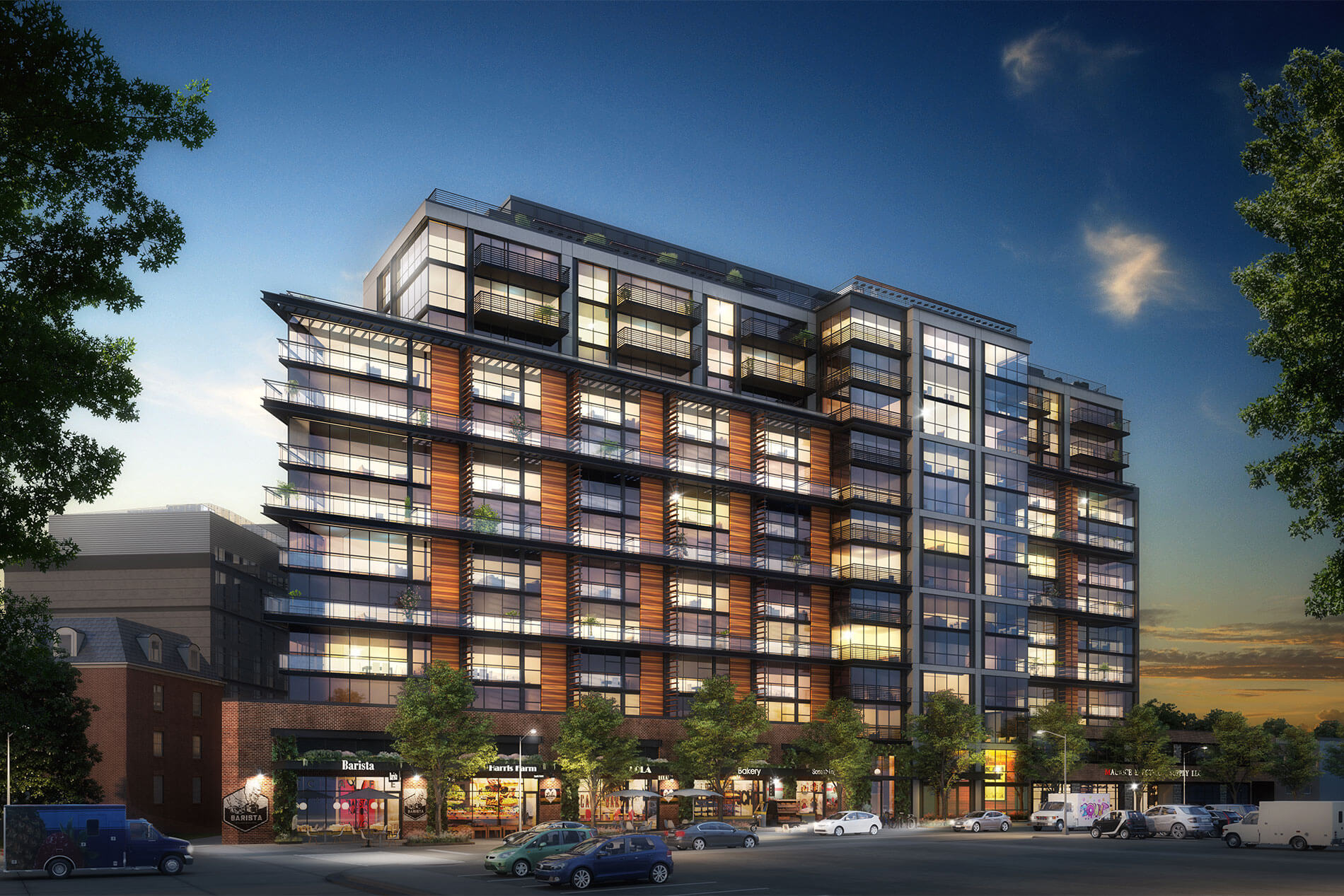 The MO exterior rendering at dusk