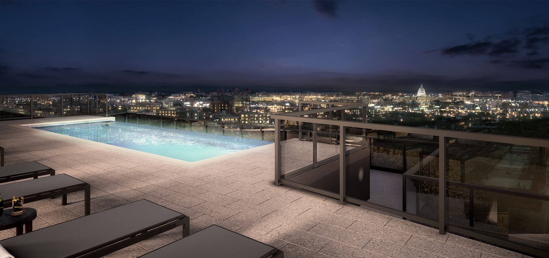 The MO pool deck nighttime rendering