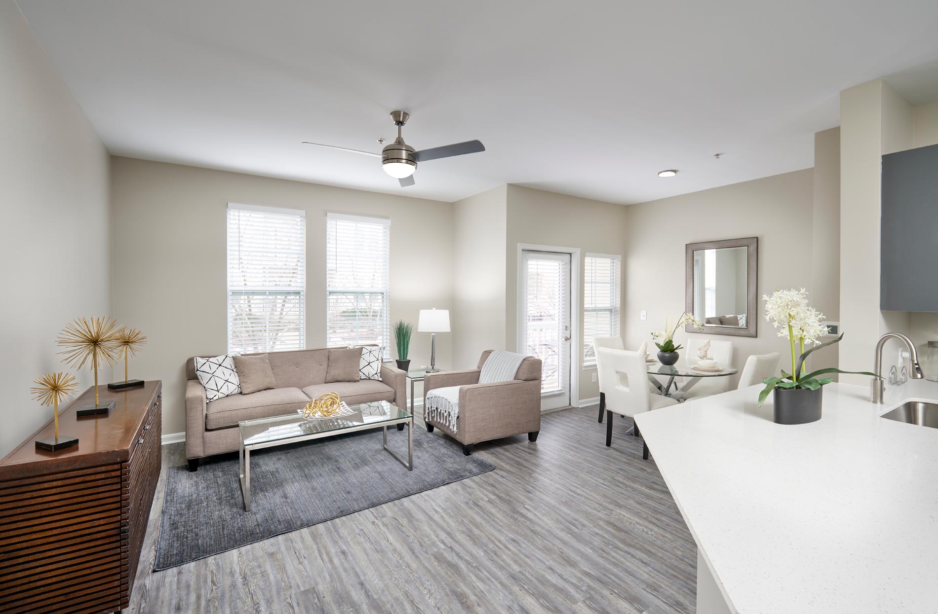 Quarters at Towson staged dining room and living room