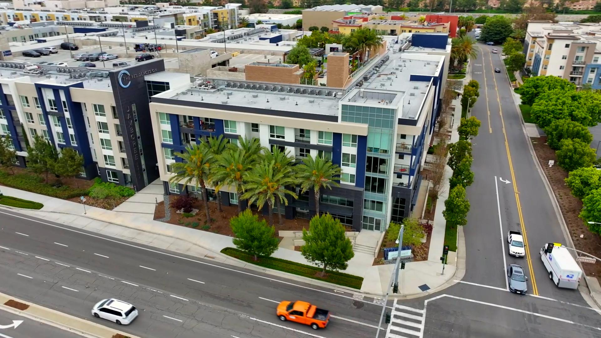 Residences On Jamboree located in the Irvine neighborhood of Orange County aerial building exterior