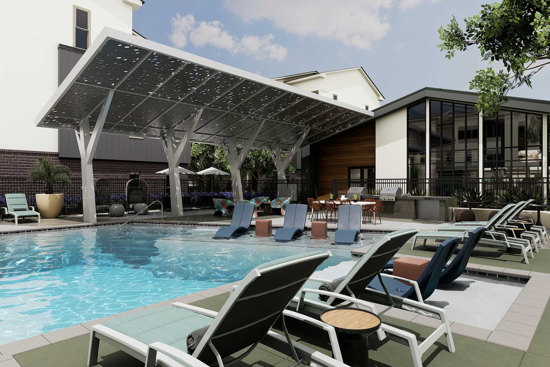 Villas At Fiori Rendering Courtyard chaise lounge chairs surrounding pool