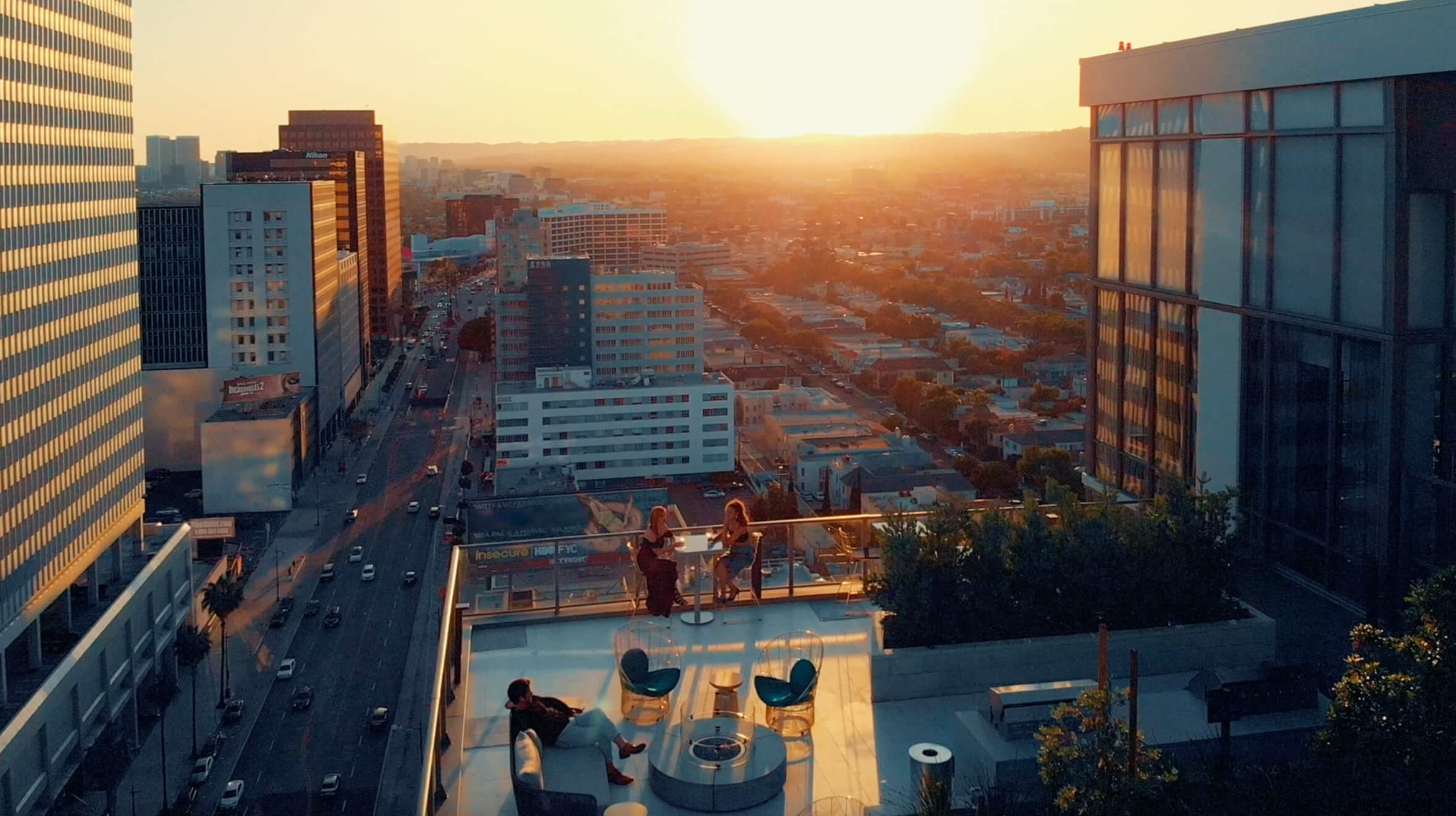 Vision on Wilshire Rooftop Aerial at Sunset