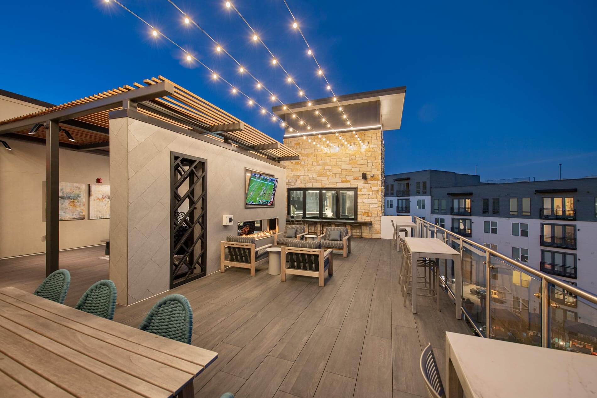 Vitruvian West Apartments Amenity Deck at Dusk