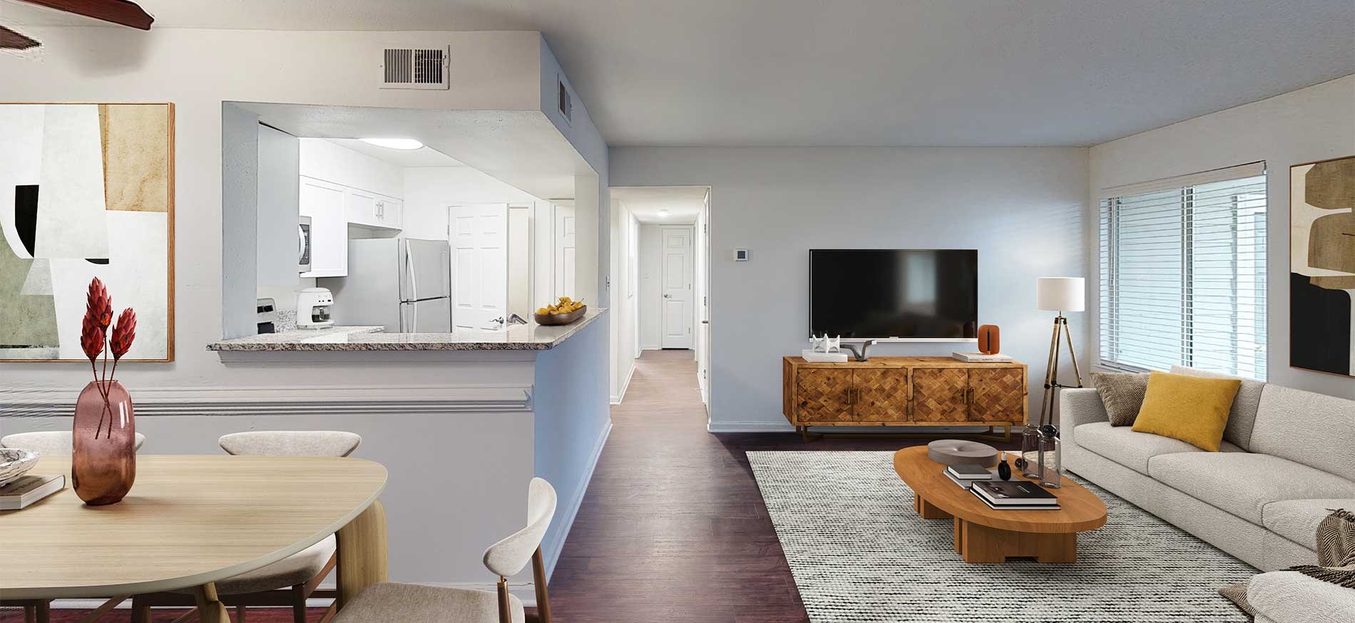 Waterside apartment living room and kitchen