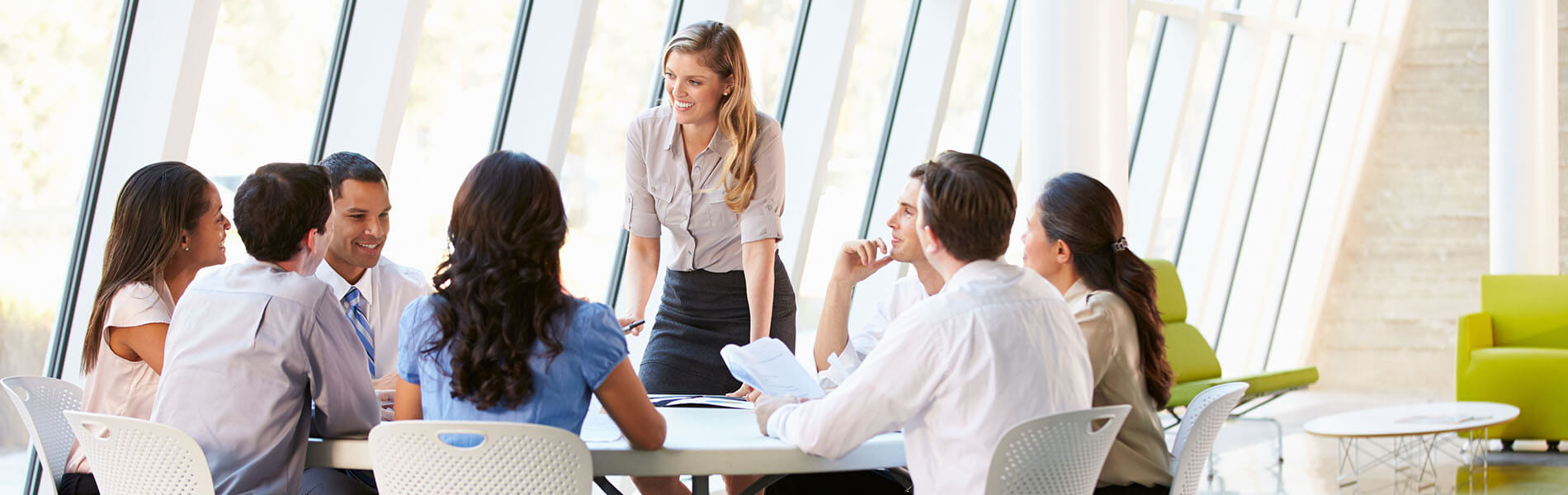 corporate employees training at table