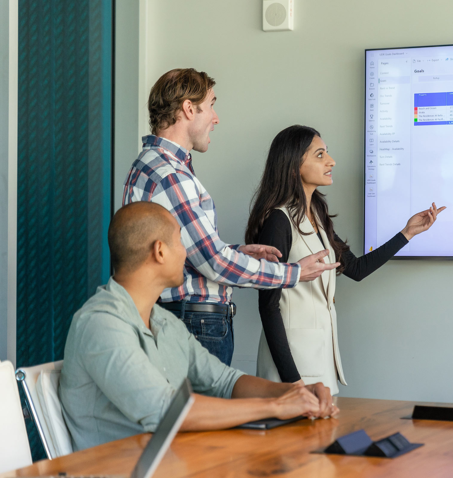 team reviewing metrics on presentation screen