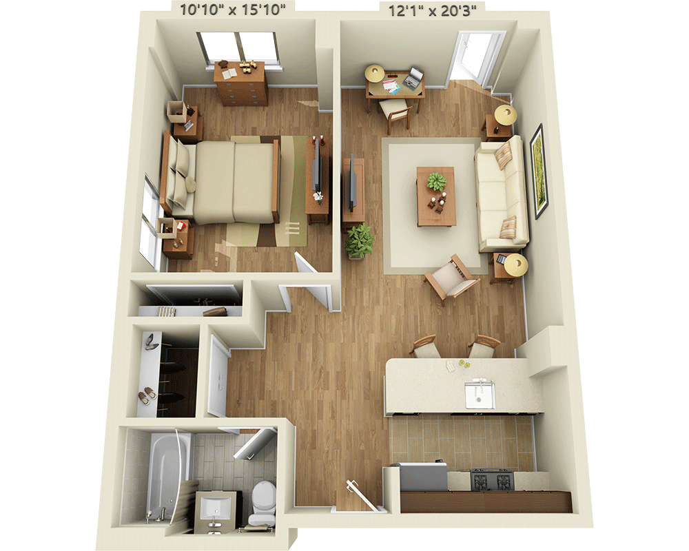One Bedroom A1W-R floor plan